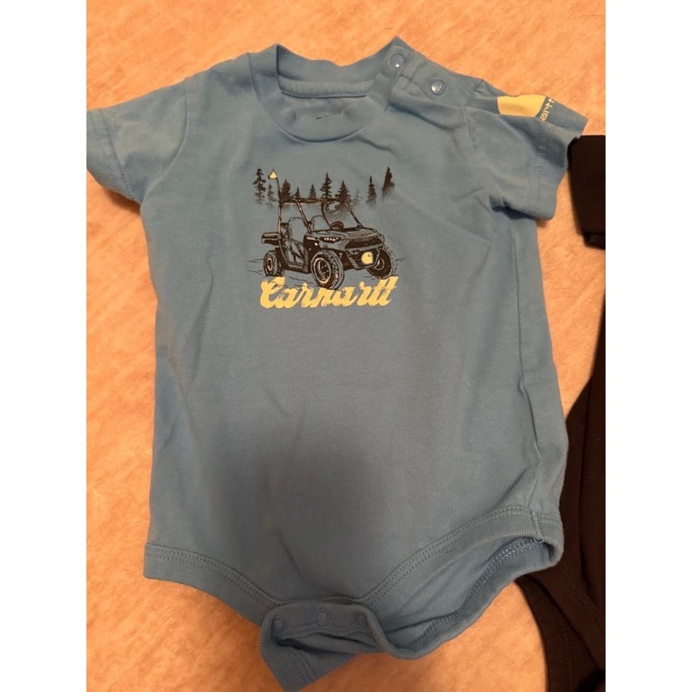 Carhartt Baby Boys 3 Pack Bodysuits 6M Black Blue Red Excavator ATV Pocket Logo - Picture 2 of 5